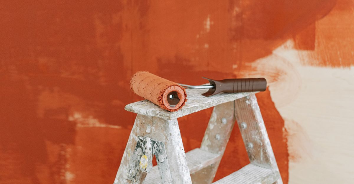 Paint roller on a ladder with a freshly painted wall in the background